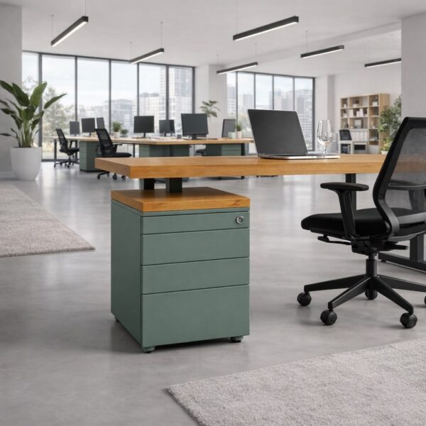 Caisson De Bureau À Roulettes Avec Plateau En Bois Massif, Vue Du Produit