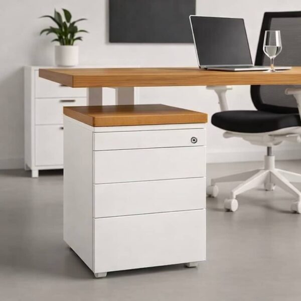 Caisson De Bureau À Roulettes Avec Plateau En Bois Massif, Blanc