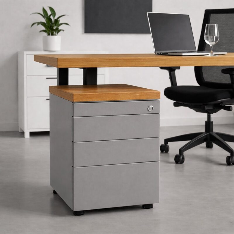 Caisson de bureau à roulettes avec plateau en bois massif, vue du produit