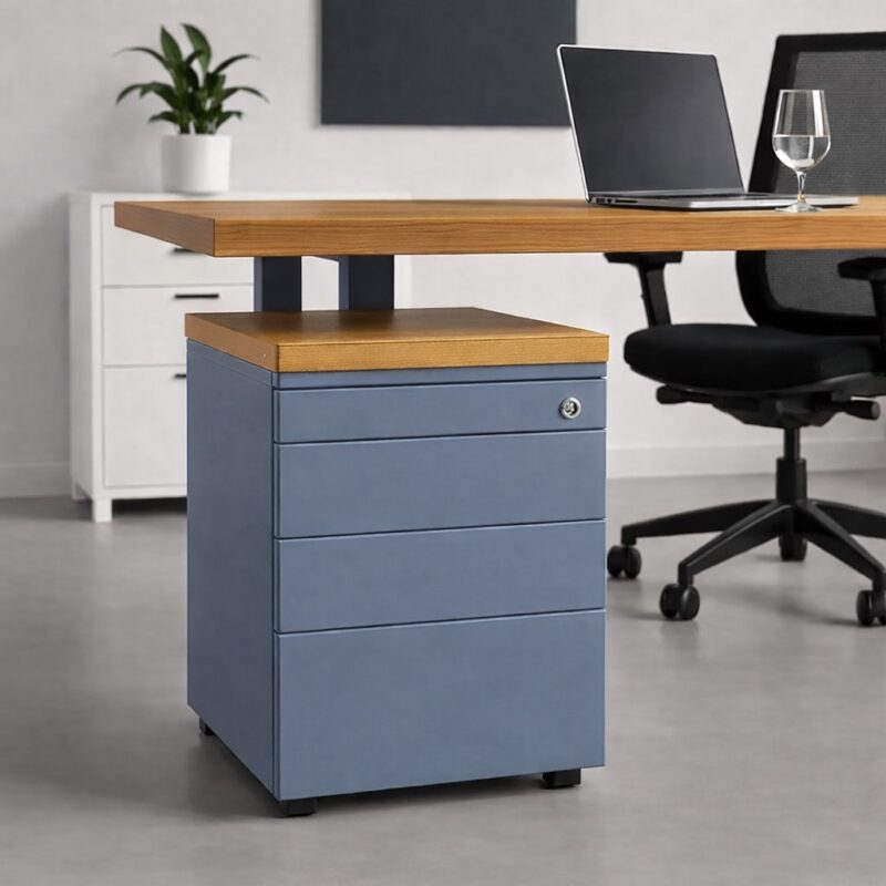 Caisson de bureau à roulettes avec plateau en bois massif, bleu brume