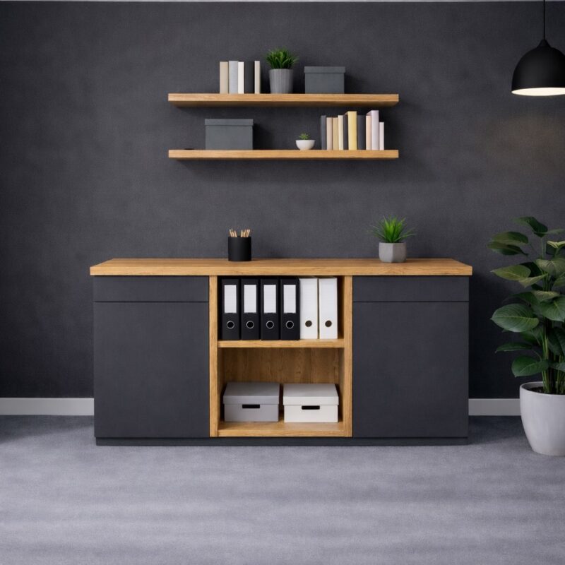Meuble de bureau sur mesure avec plateau en bois massif, gris graphite