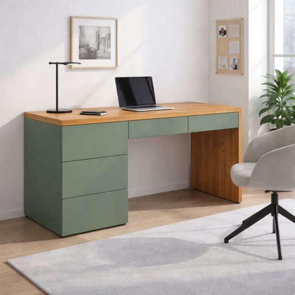 Bureau En Bois Massif Avec Tiroirs Sur Mesure, Vue De Détail, Vert Pierre, En Chêne