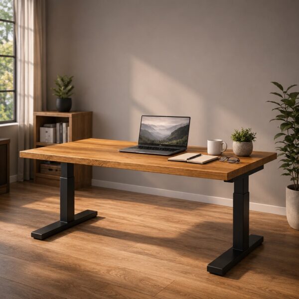 Bureau assis-debout en bois massif sur mesure, vue principale, réglage en hauteur