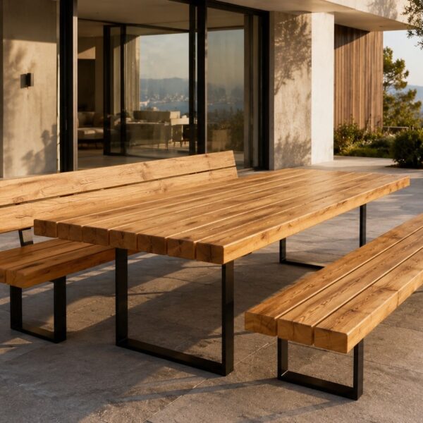 Table De Jardin En Poutres De Bois Sur Mesure, En Chêne, En Extérieur