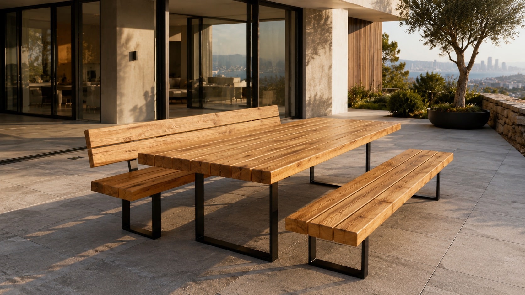 Table de jardin en poutres de bois sur mesure, en chêne, en extérieur