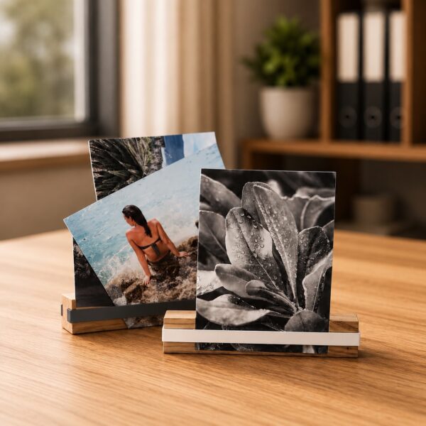 Porte-photo FIX en chêne sur un bureau